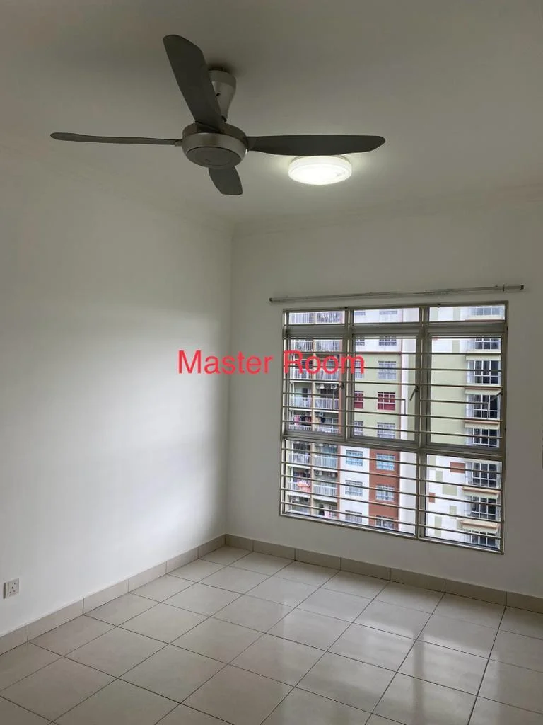 Bedroom features: white painted walls, ceiling fan, square ceiling light, floor-to-ceiling windows, tile flooring, curtain rod, city view; view: city.